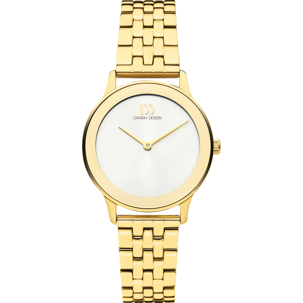 Orologio con cassa dorata e quadrante bianco, cinturino in maglia rolò dorata.