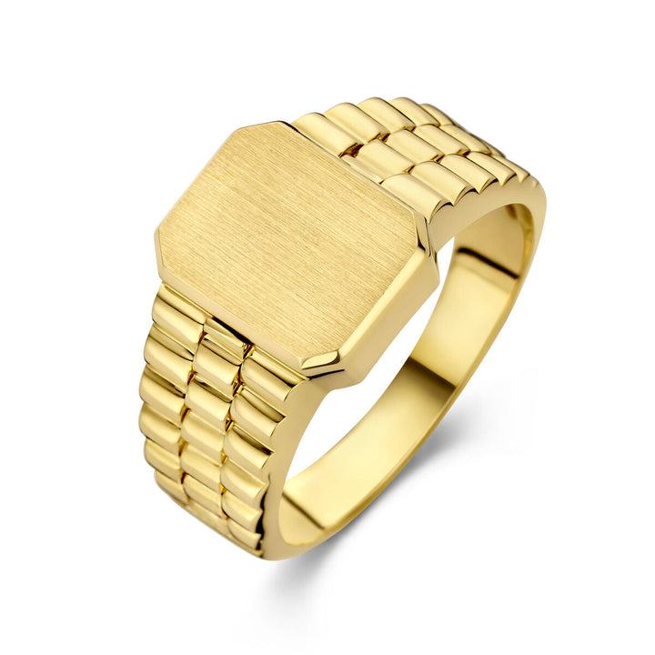 Het graveerring gematteerd 14K geelgoud van Van der Kooij Collectie heeft een gepolijste, geribbelde band en een grote geborstelde rechthoekige wijzerplaat, die tijdloze verfijning belichaamt.