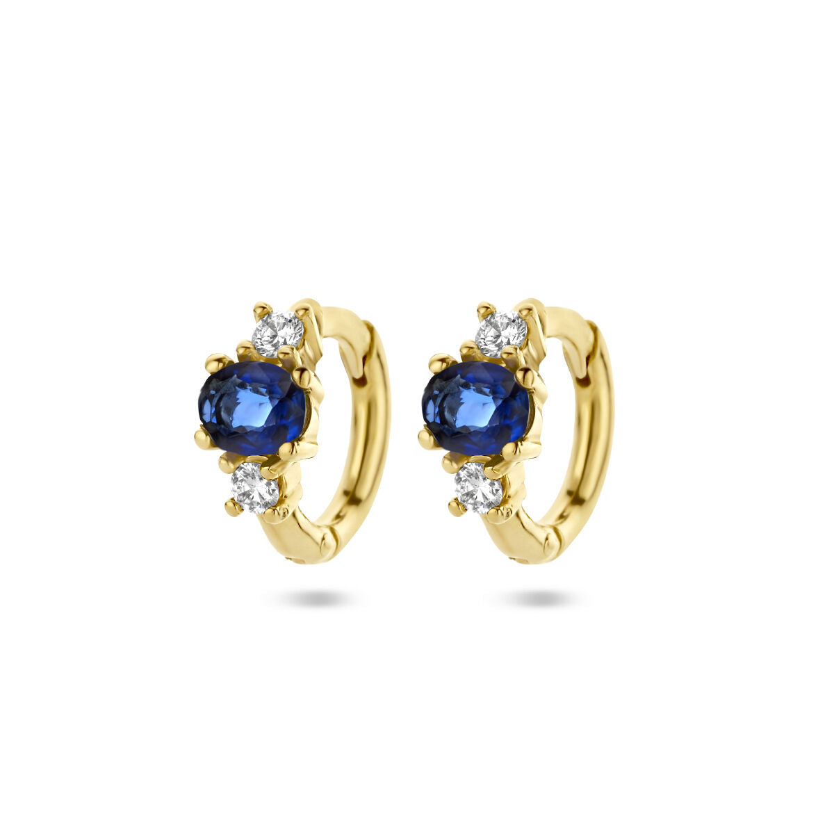 Orecchini alla creola in oro giallo 14K con zaffiri e diamanti da 0,10 ct (2x0,05 ct).