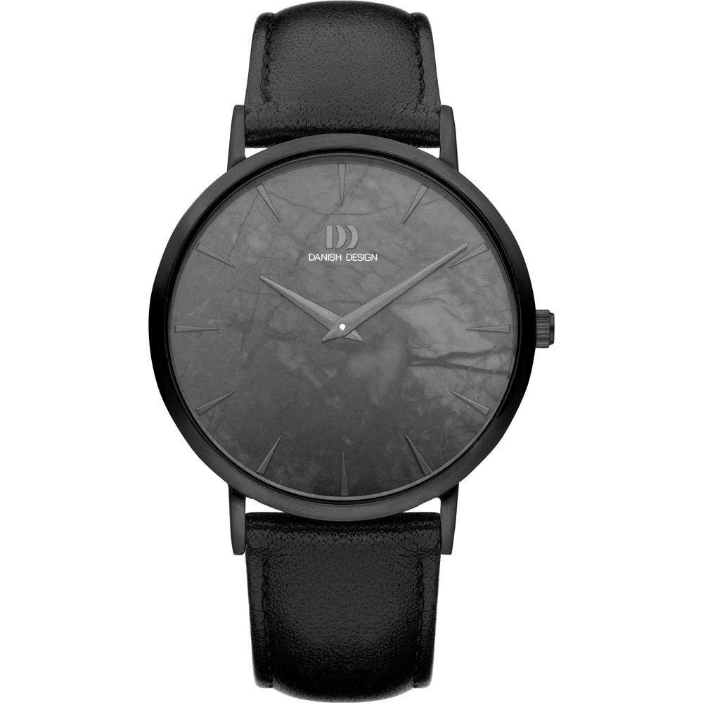 Orologio unisex con quadrante nero, cassa nera e cinturino in pelle nera.