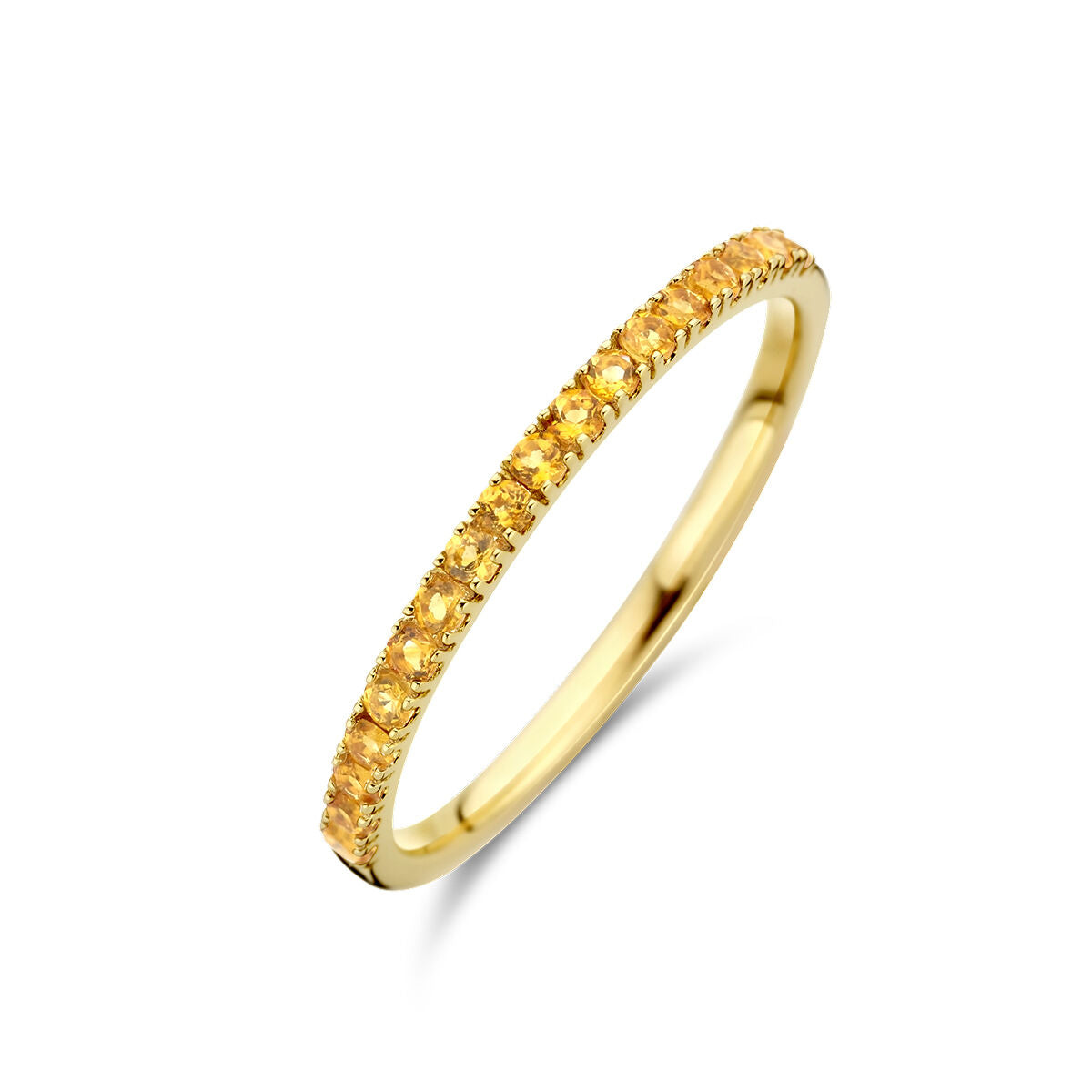 anello in oro giallo 14K con pietra di nascita citrino, finitura liscia e dettagli incisi.