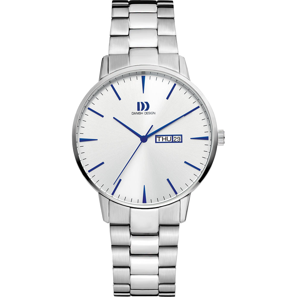 Orologio con cassa argentata, quadrante bianco e lancette blu, bracciale in acciaio inossidabile.