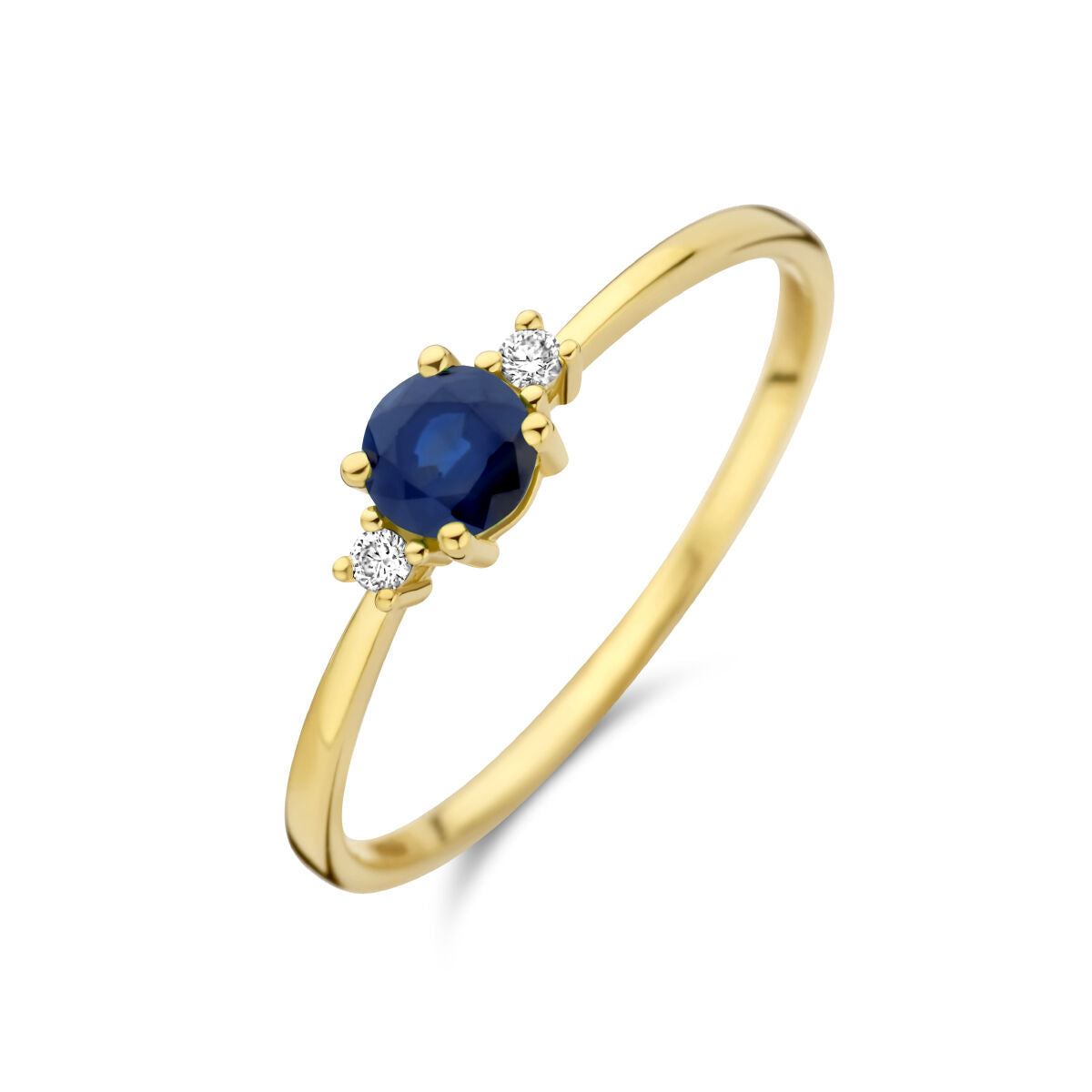 Anello trilogia in oro giallo 14K con zaffiro centrale e due diamanti da 0,015 ct.