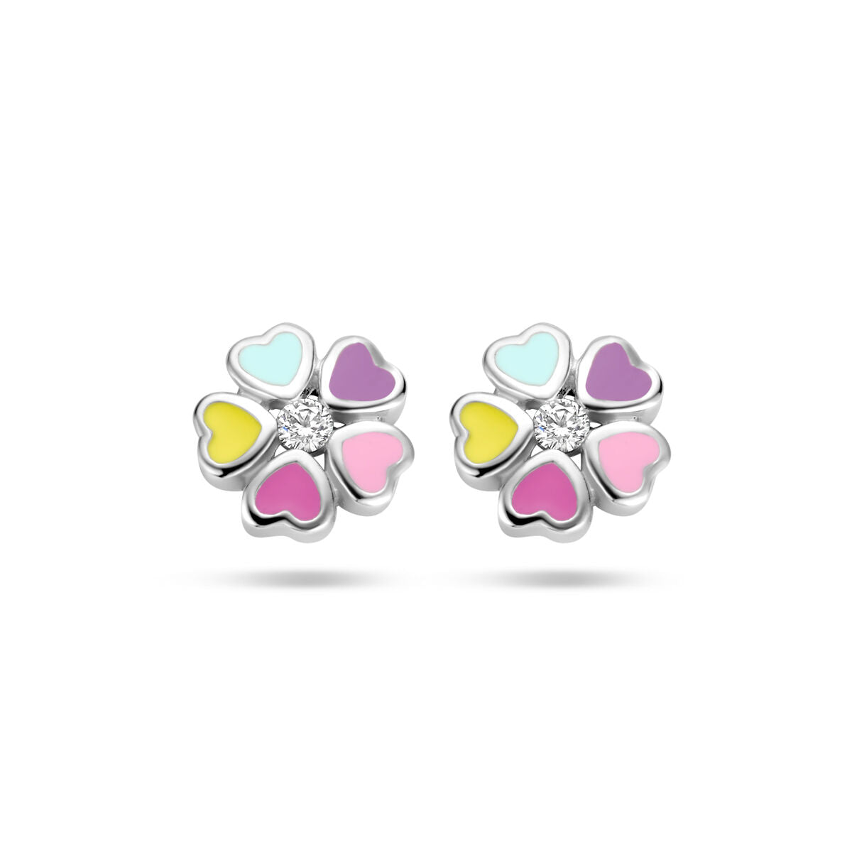 Orecchini a forma di fiore in argento rodiato con zircone e petali colorati.