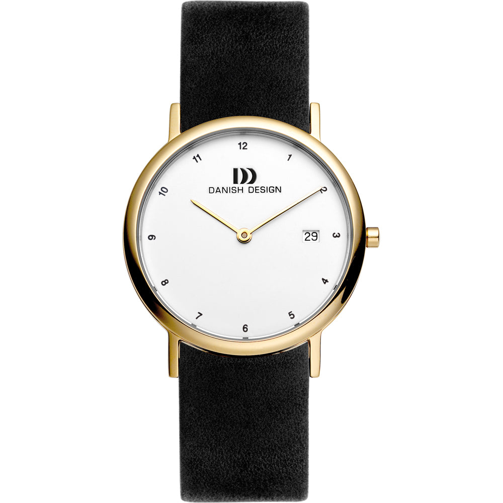 Orologio con cassa dorata, quadrante bianco e cinturino in pelle nera.