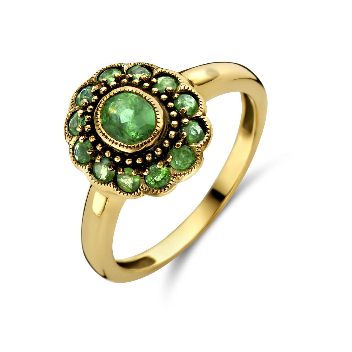 Anello in oro giallo 14K con smeraldo centrale e pietre verdi a forma di fiore.