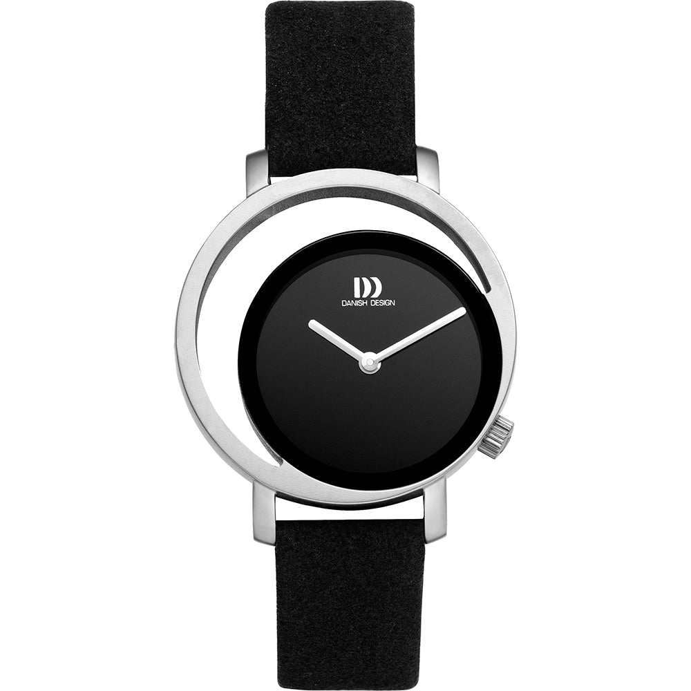 Orologio con cassa argentata e quadrante nero, cinturino in pelle nera.