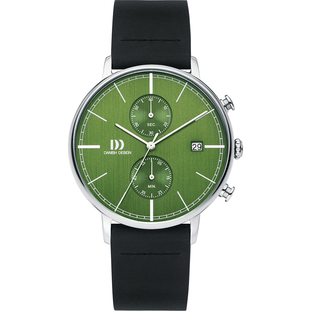 Orologio con quadrante verde, cassa in acciaio inox e cinturino in gomma nera.