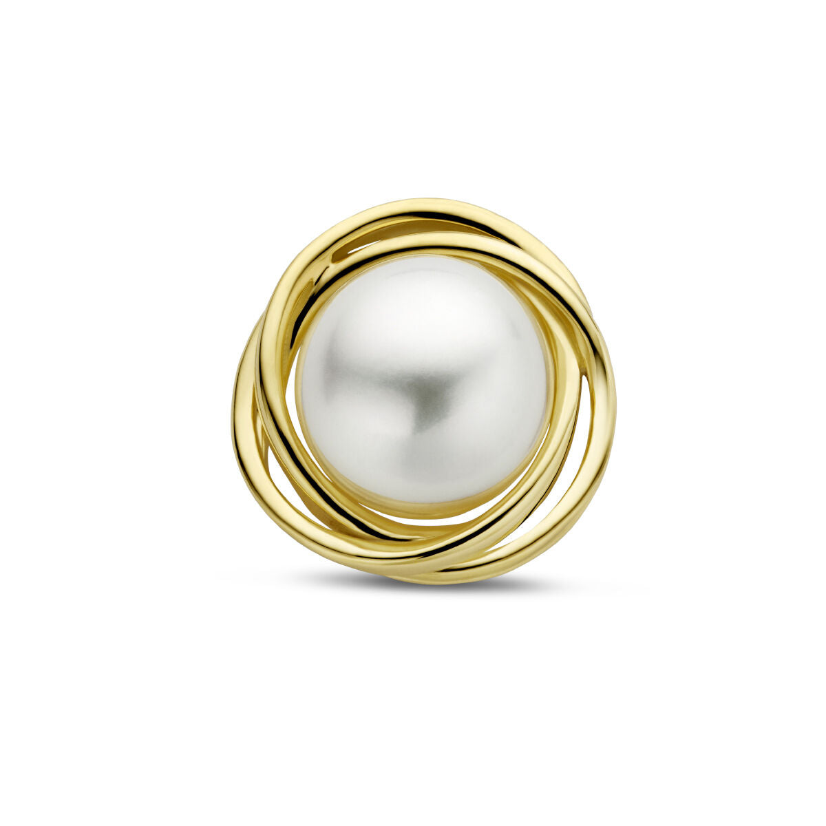 Ciondolo in oro giallo 14K con una perla centrale avvolta da anelli.
