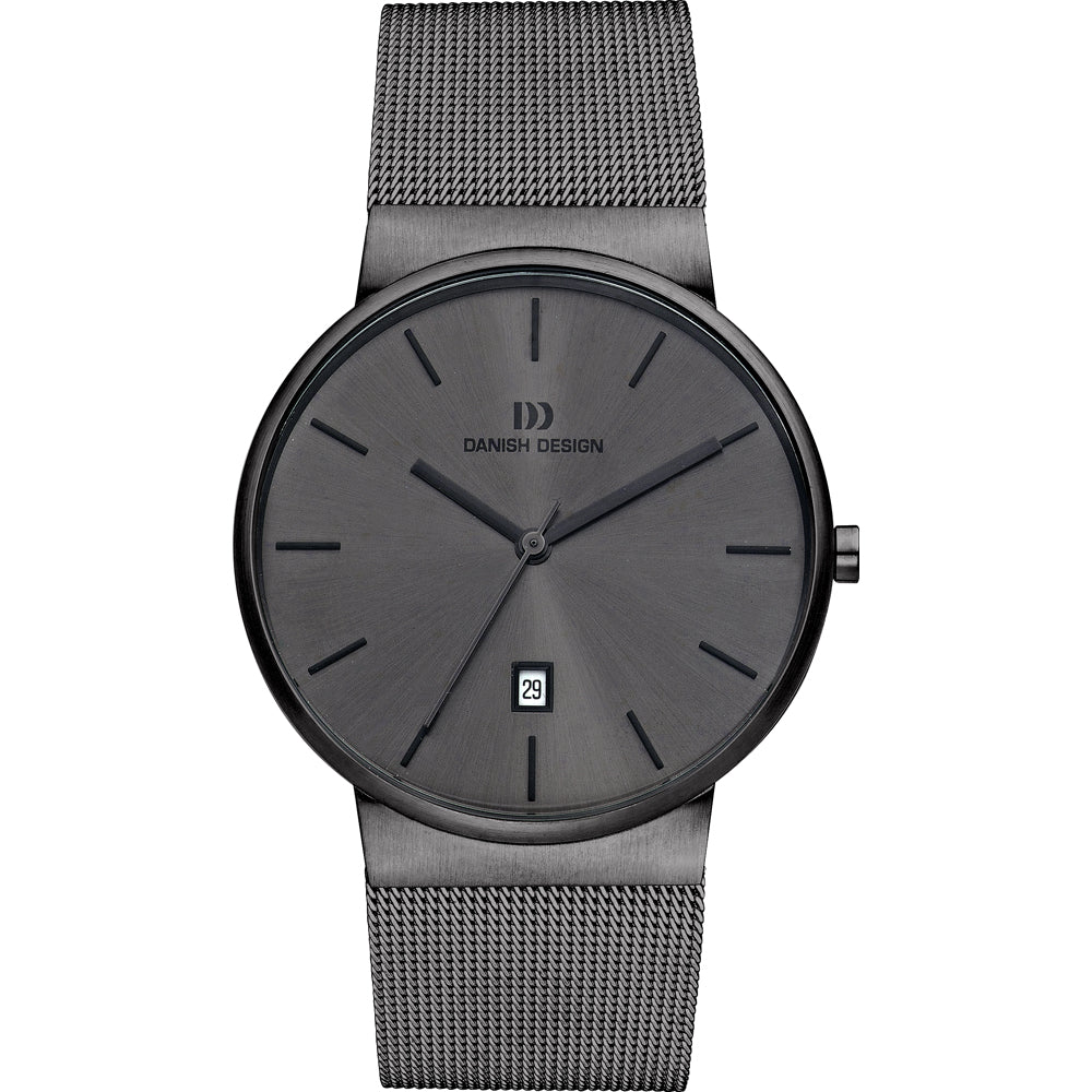 Orologio con quadrante grigio, cassa in acciaio inossidabile e cinturino a rete.