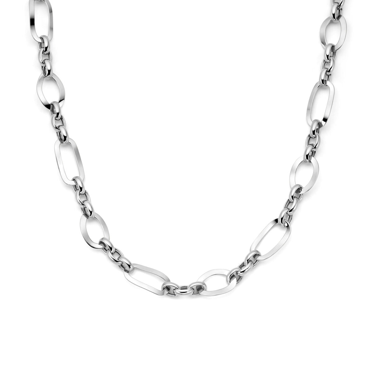 Collana da donna in argento rodiato con maglie ovali intrecciate.