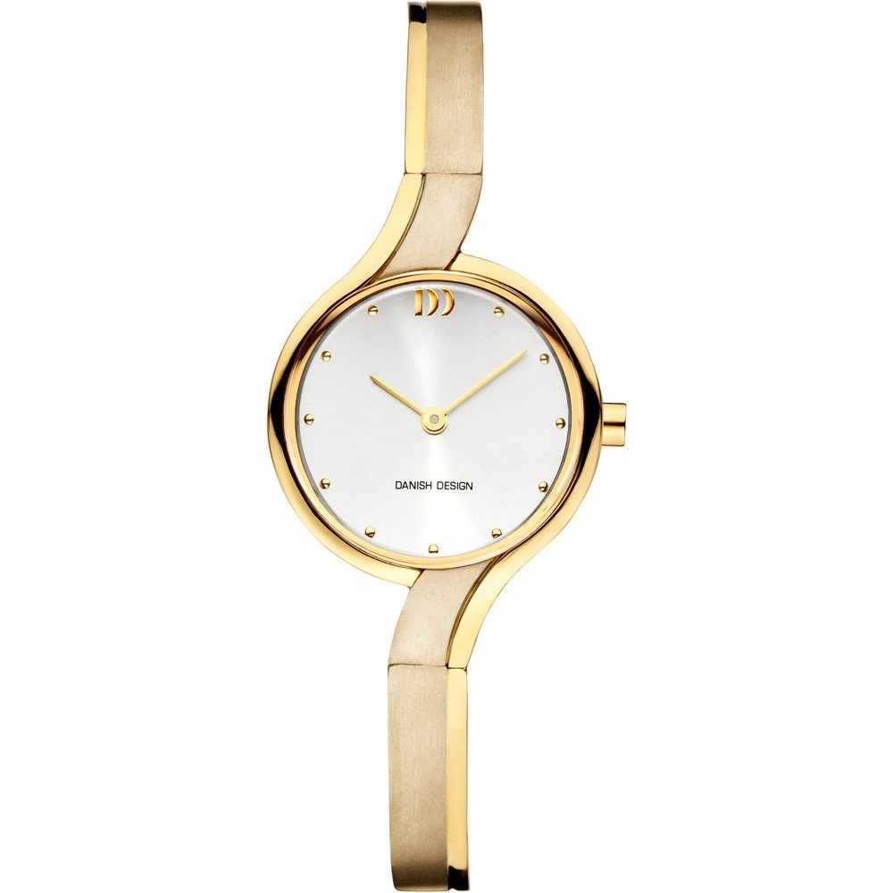 Orologio con cassa dorata e quadrante bianco, cinturino in metallo lucido.