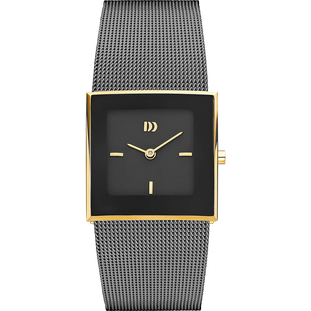 Orologio da donna con quadrante grigio, cassa quadrata dorata e cinturino in maglia rolò nera.