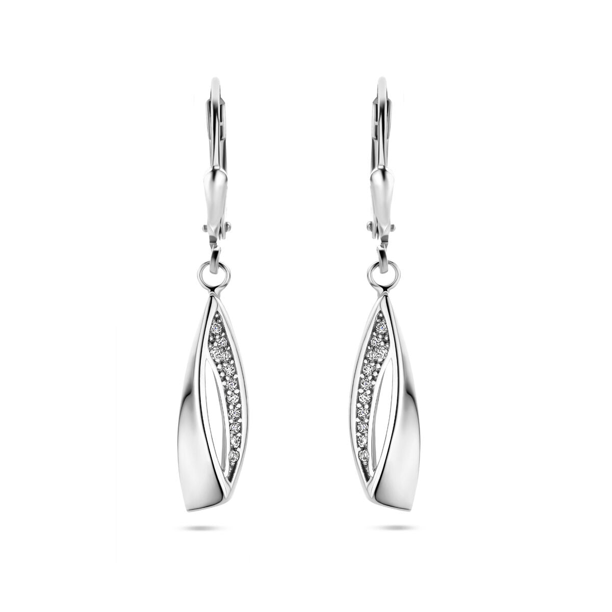 Orecchini in argento rodiato con zircone, design a goccia con dettagli lucidi.