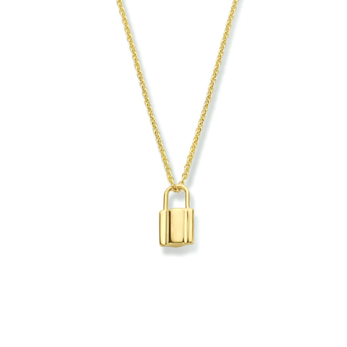 Collana in oro giallo 14K con ciondolo a forma di lucchetto.