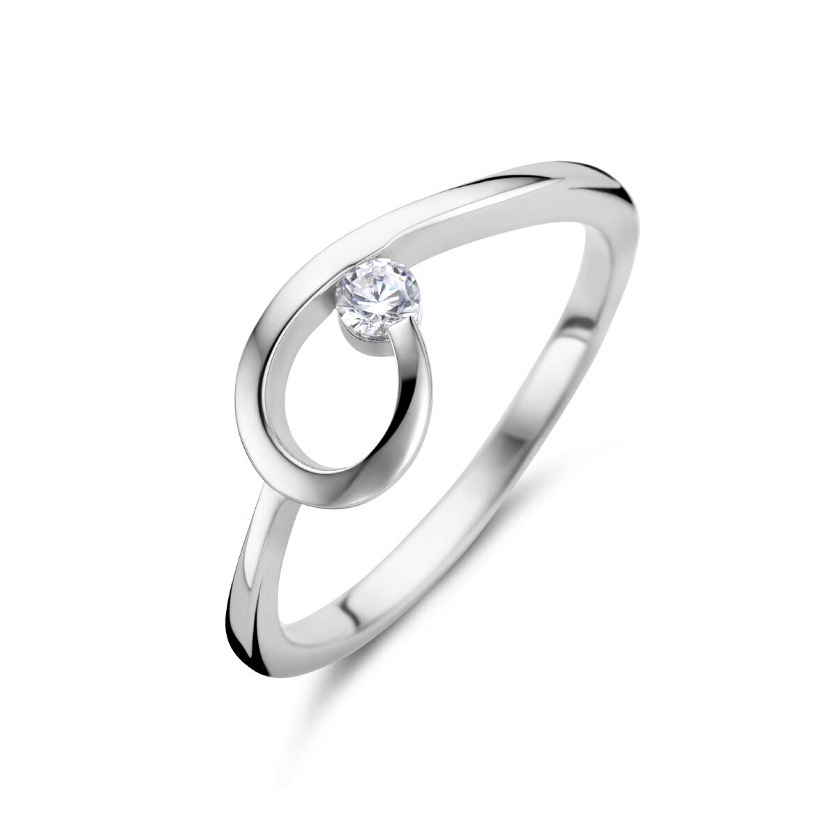 anello in argento rodiato con zircone, design ondulato e brillantezza delicata