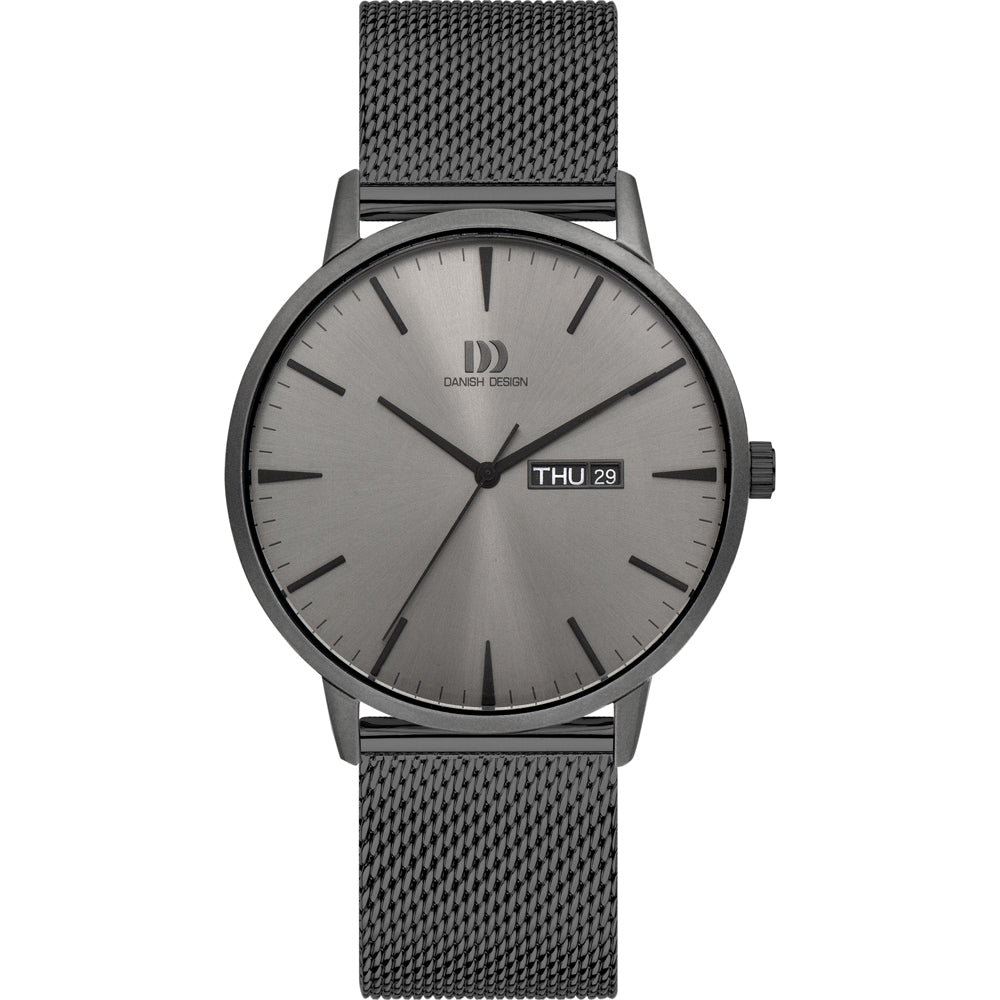 Orologio con cassa grigia e quadrante minimalista, cinturino in maglia metallica nera.