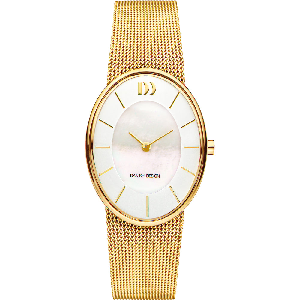 Orologio con cassa ovale dorata, quadrante bianco madreperla e cinturino in maglia dorata.