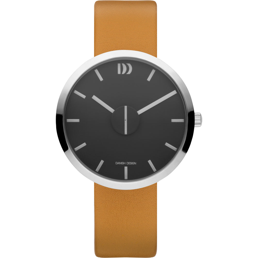 Orologio unisex con quadrante nero, cassa argentata e cinturino in pelle marrone.