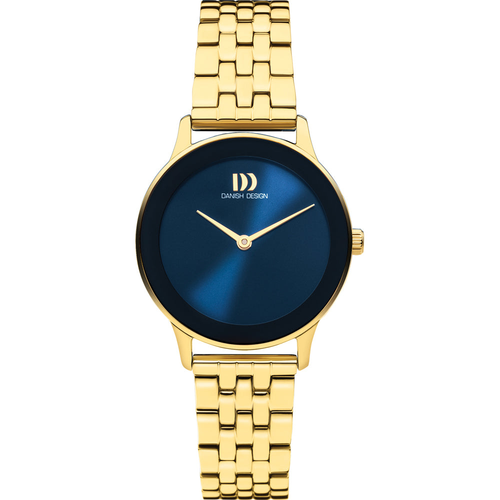 Orologio con cassa dorata e quadrante blu, cinturino in maglia rolò dorata.