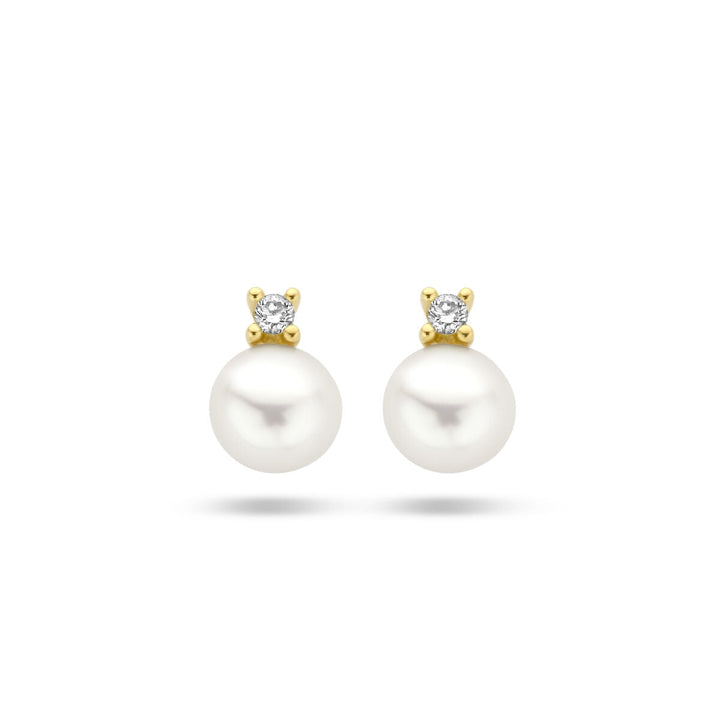 Van der Kooij Collectie oorknoppen parel en diamant 0.02ct (2x 0.01ct) h p1 in 14K geelgoud met ronde witte parels en kleine diamanten boven elke parel, getoond op een witte achtergrond.