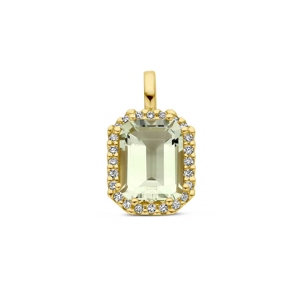 Ciondolo in oro giallo 14K con ametista verde e diamanti 0,10 ct, incastonato in un halo.