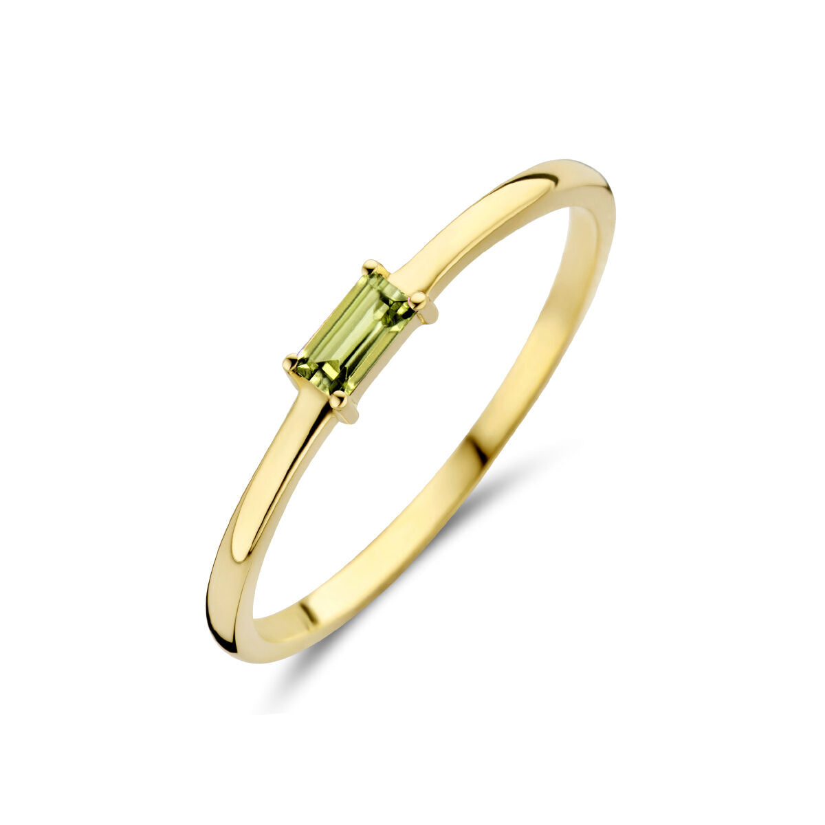 anello in oro giallo 14K con pietra di nascita peridoto di agosto, forma rettangolare