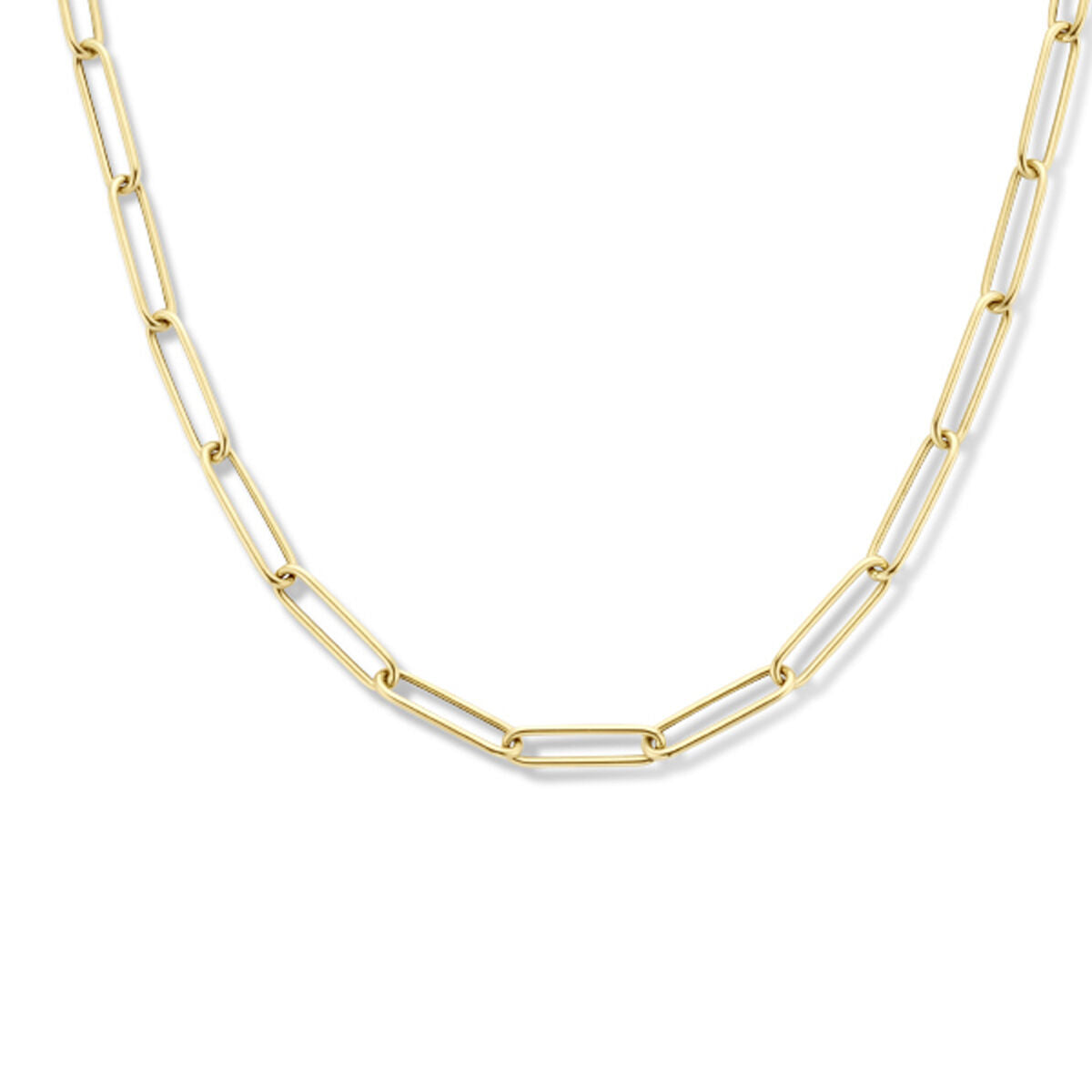 Collana paperclip in oro giallo 14K con tubi rotondi di 4,0 mm e chiusura a molla grande.