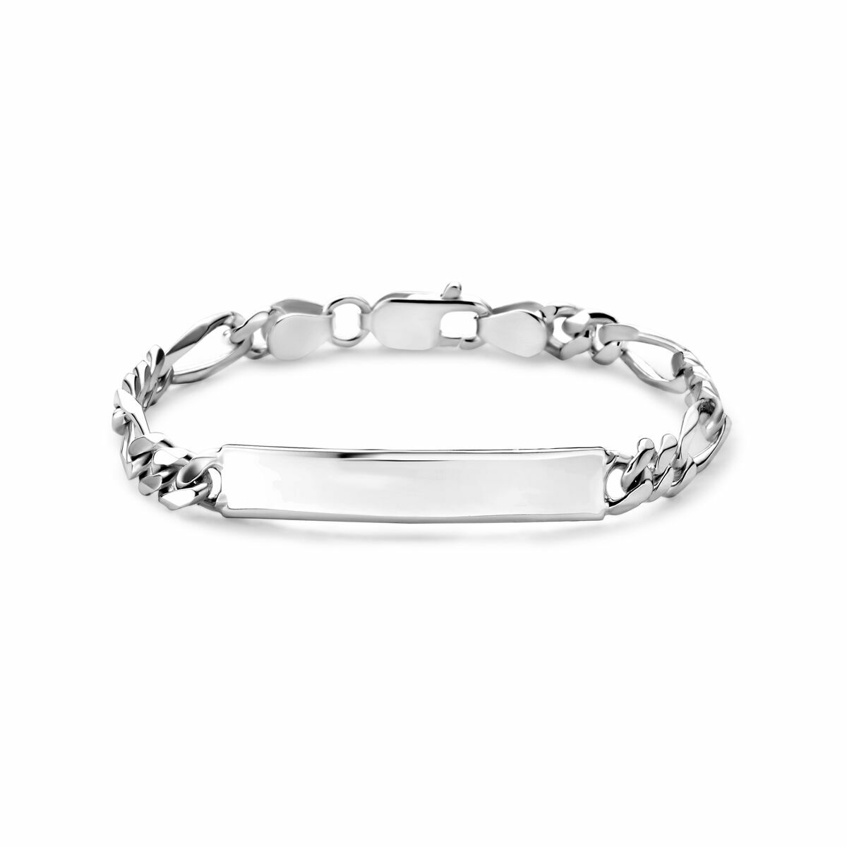Bracciale figaro in argento bianco con piastra liscia di 8,0 mm.