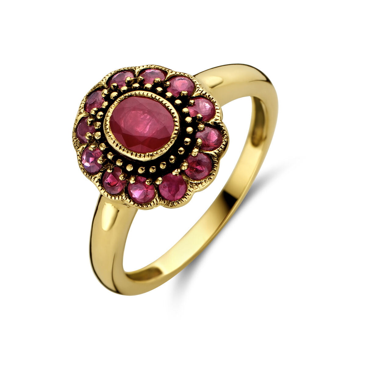 Anello in oro giallo 14K con rubino centrale e pietre rosa decorative.
