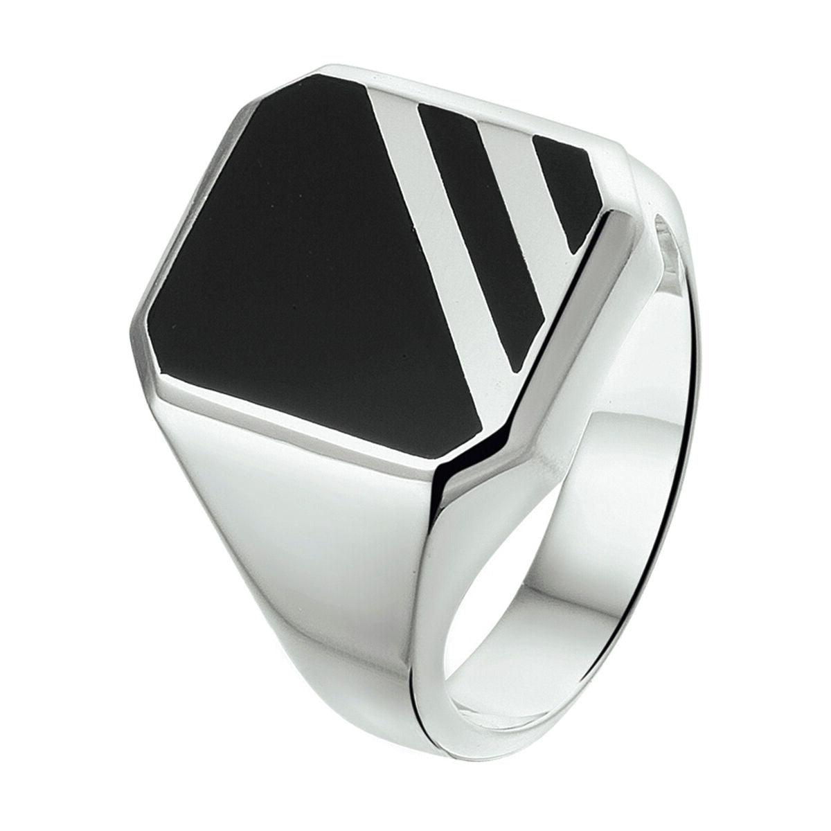 Anello con sigillo in argento rodiato con onice massiccio, forma esagonale e finitura lucida.