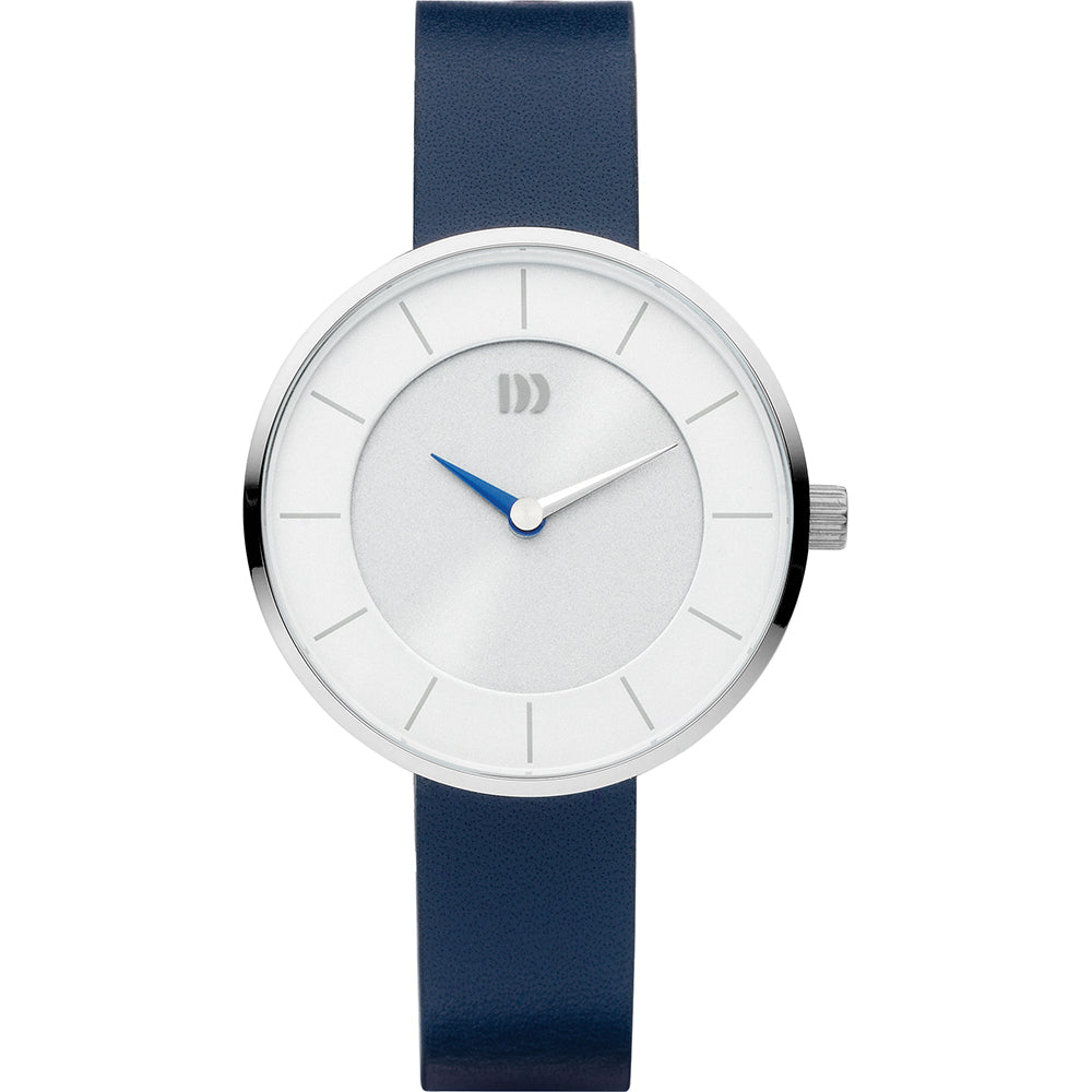 Orologio con cassa argentata, quadrante bianco e cinturino blu.