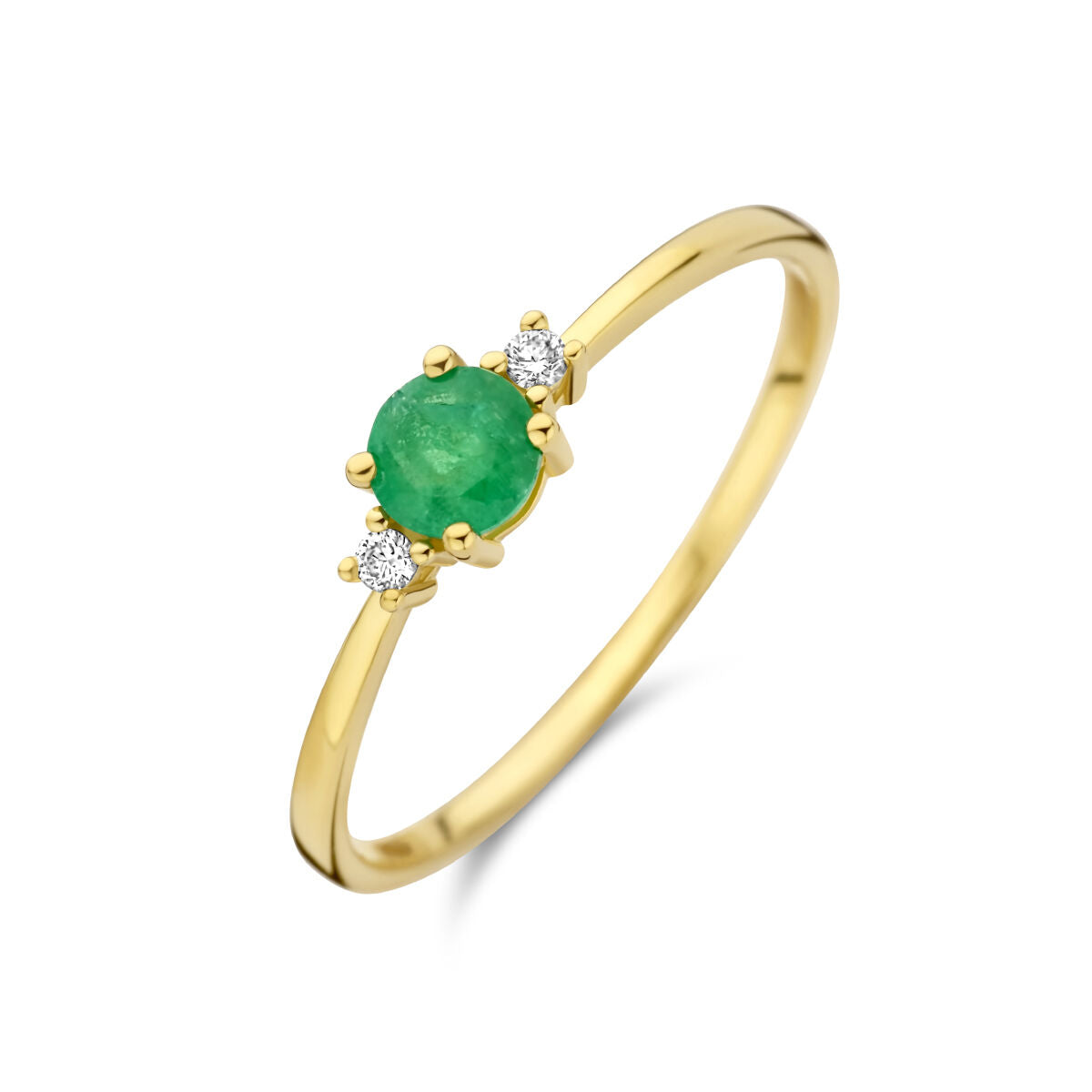 Anello trilogia in oro giallo 14K con smeraldo centrale e due diamanti da 0,015 ct.