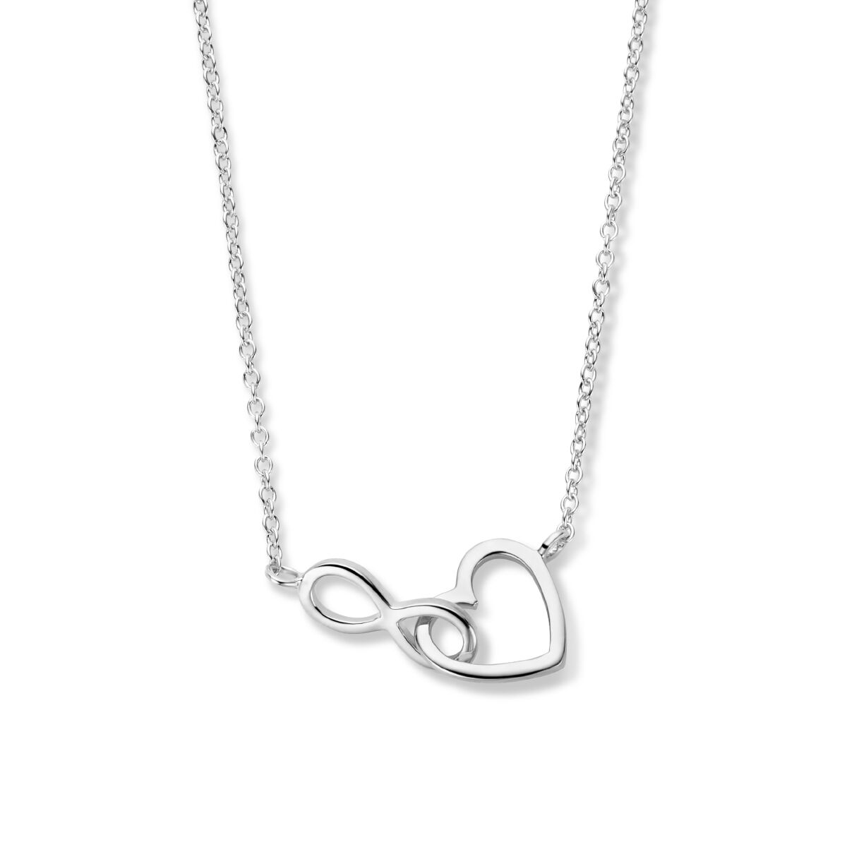 Collana in argento con pendente a forma di cuore e simbolo dell'infinito, finitura rodiata.