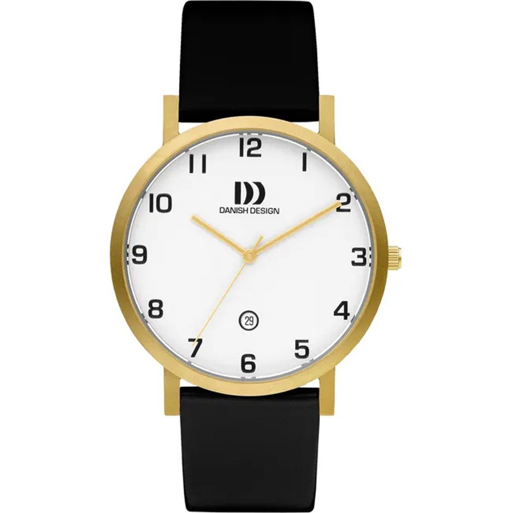 Orologio con cassa dorata, quadrante bianco e cinturino nero in silicone.