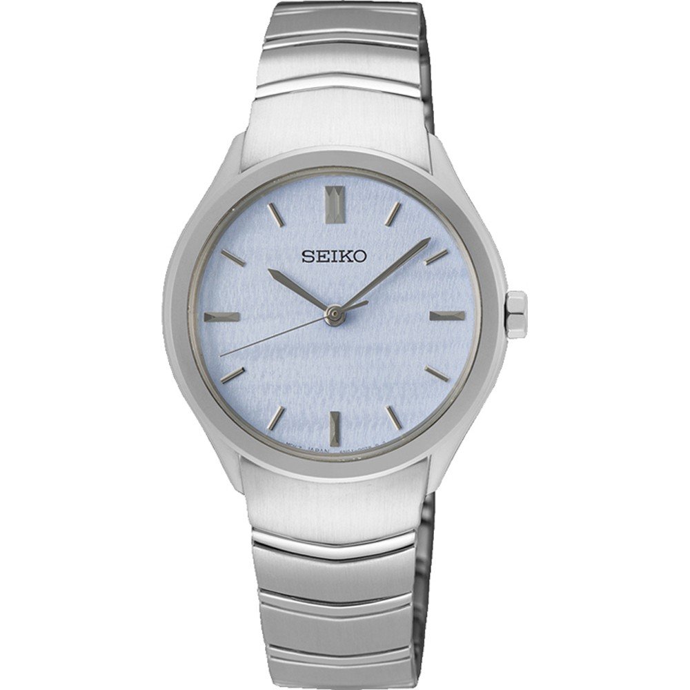 Orologio da donna Seiko con cassa argentata e quadrante blu chiaro, cinturino in acciaio inox.