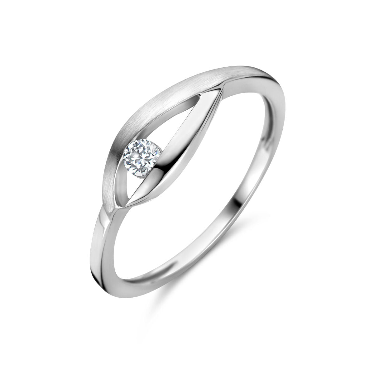 Anello in argento rodiato con finitura lucida e opaca, decorato con una goccia di zirconia.