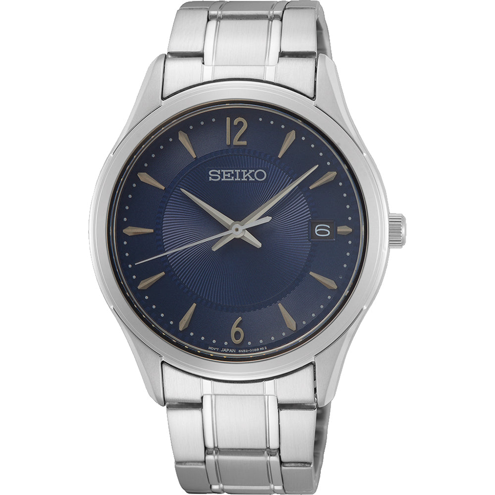 Orologio da uomo Seiko con cassa argentata, quadrante blu e bracciale in acciaio inox.