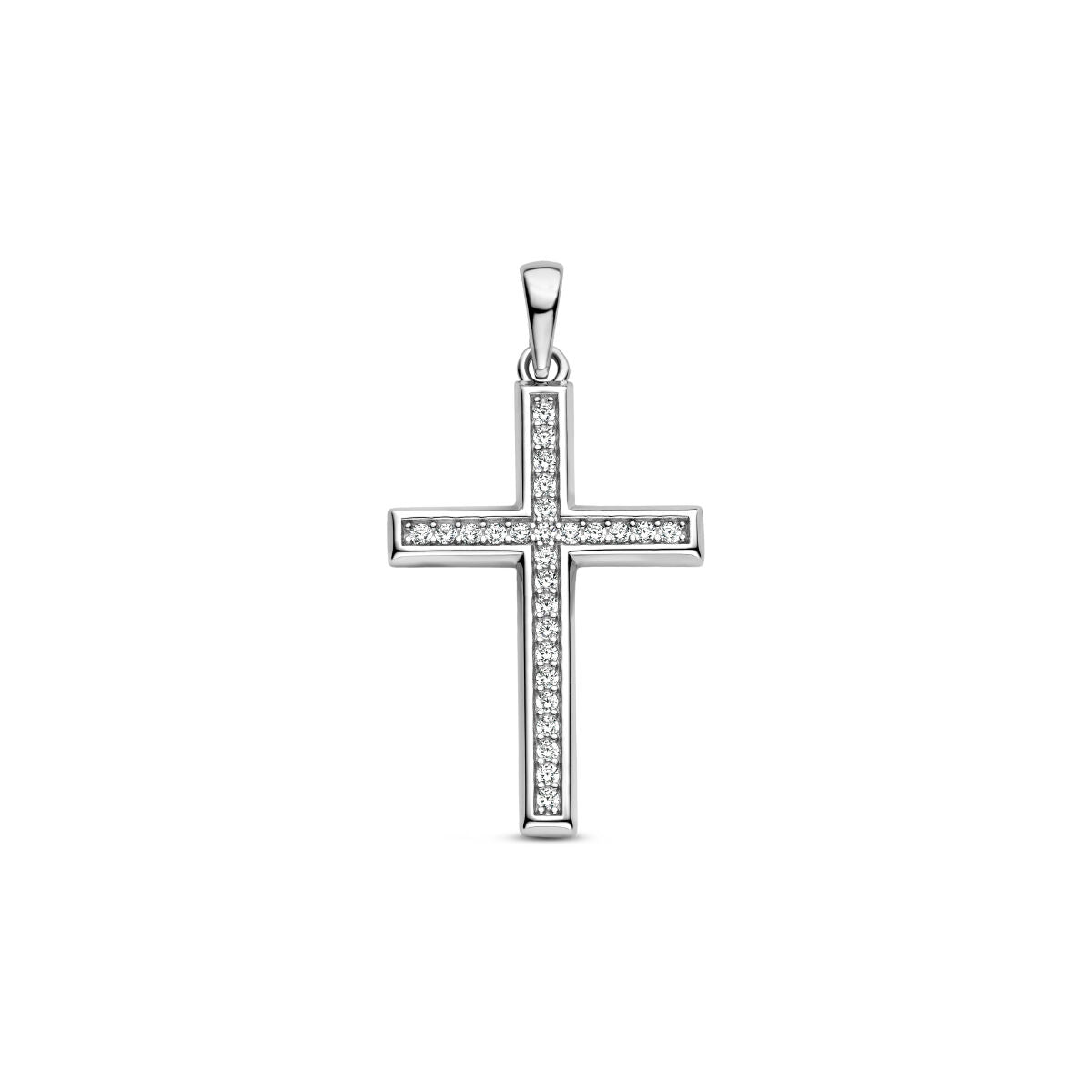 Ciondolo a forma di croce in argento rodiato, decorato con zirconi.