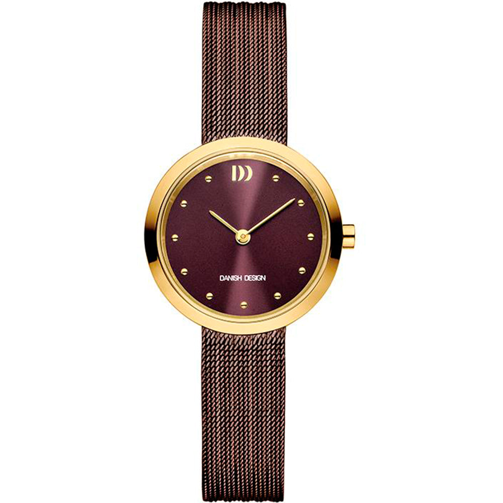 Orologio con cassa dorata, quadrante bordeaux e cinturino in maglia rolò.
