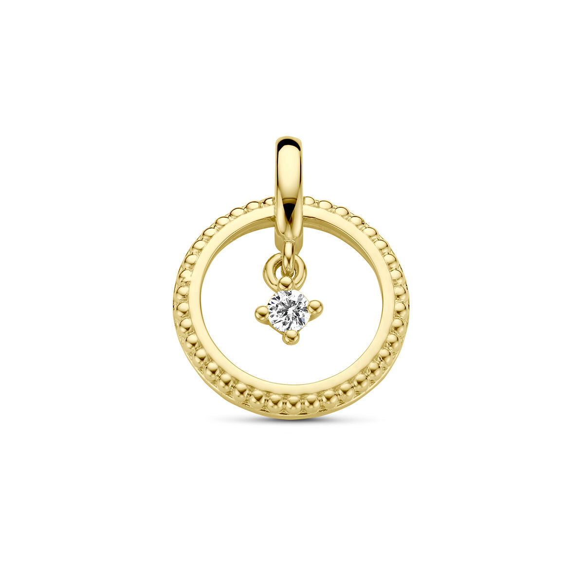 Hanger van 14K geelgoud in cirkelvorm met een diamant van 0.06ct, versierd met een bolletjesrand.