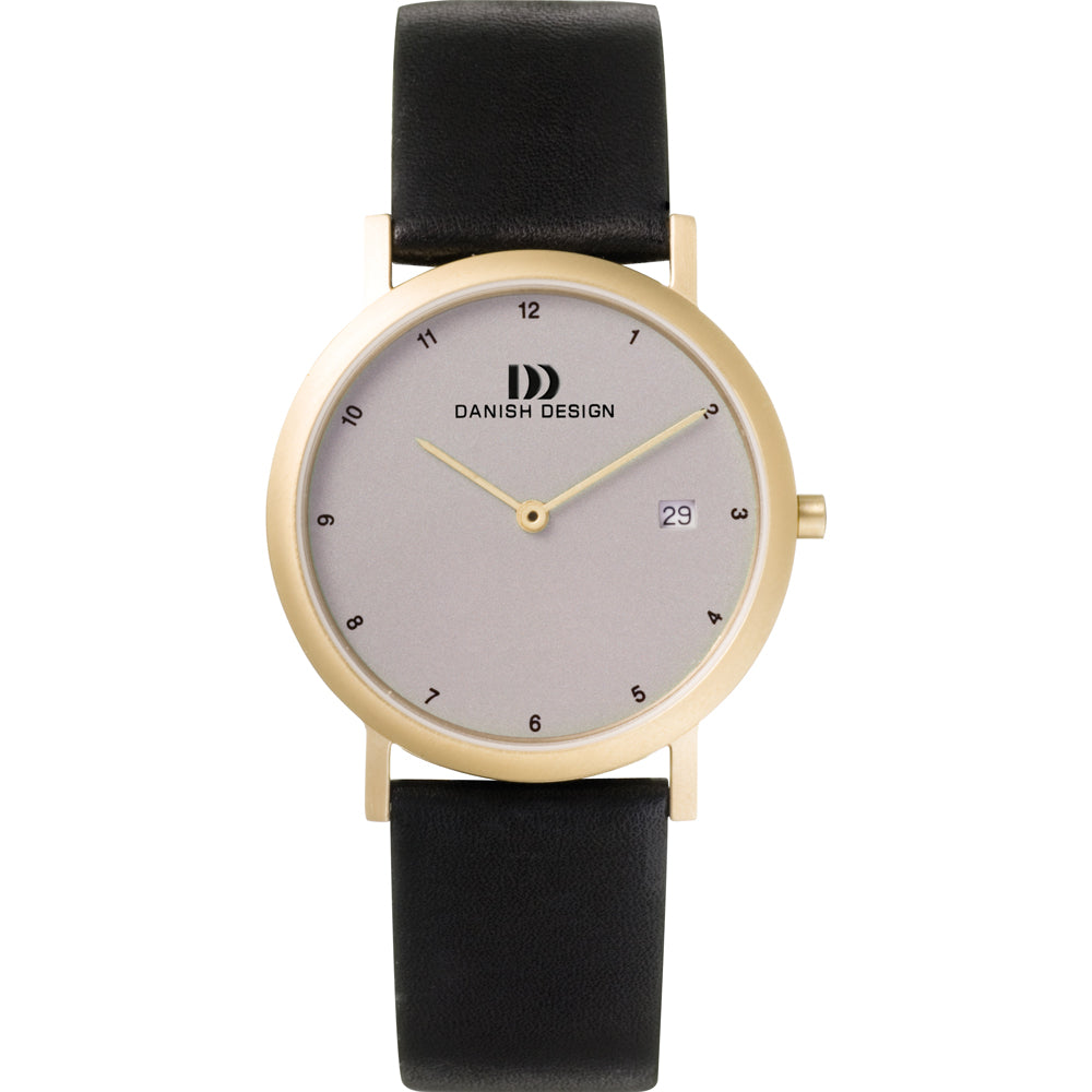 Orologio con cassa dorata, quadrante grigio e cinturino in pelle nera.