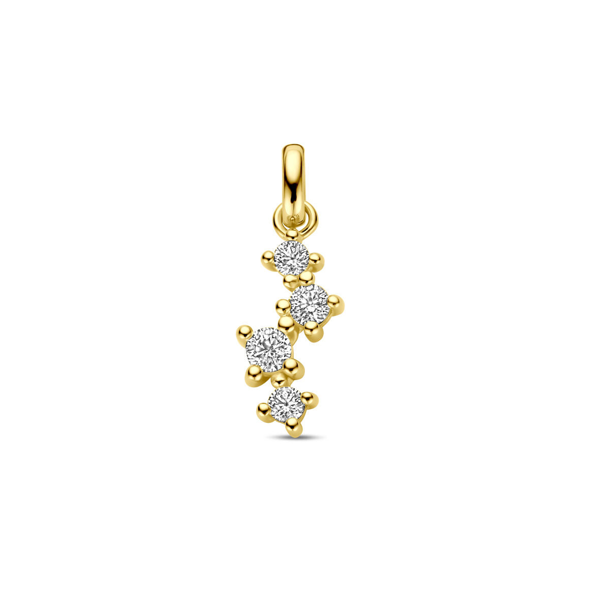 Ciondolo in oro giallo 14K con zirconi, design a tre stelle.