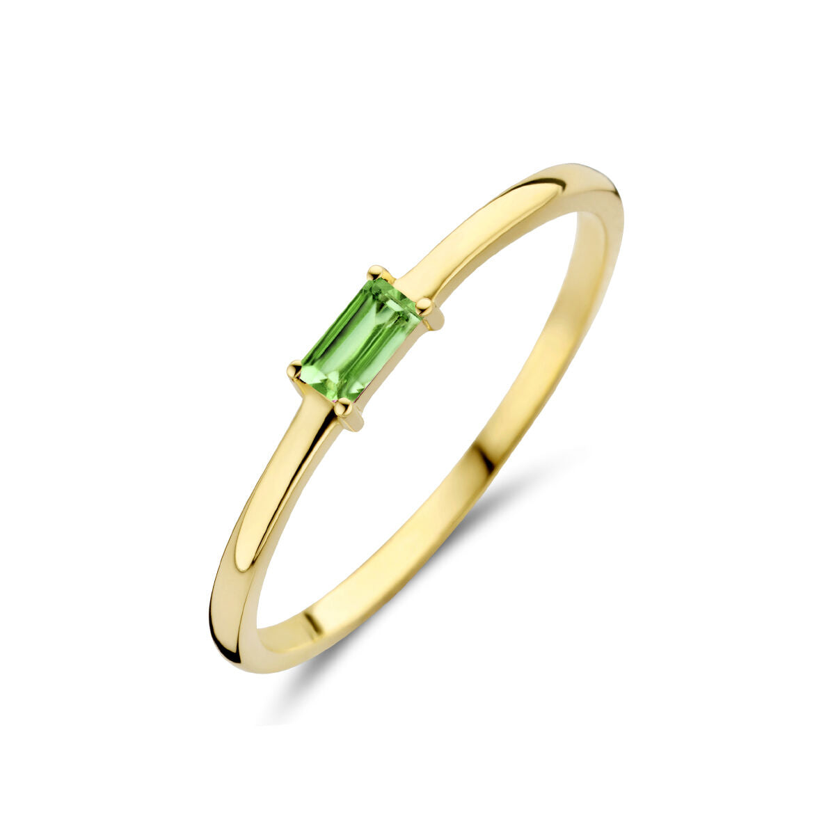 Anello in oro giallo 14K con smeraldo rettangolare al centro.