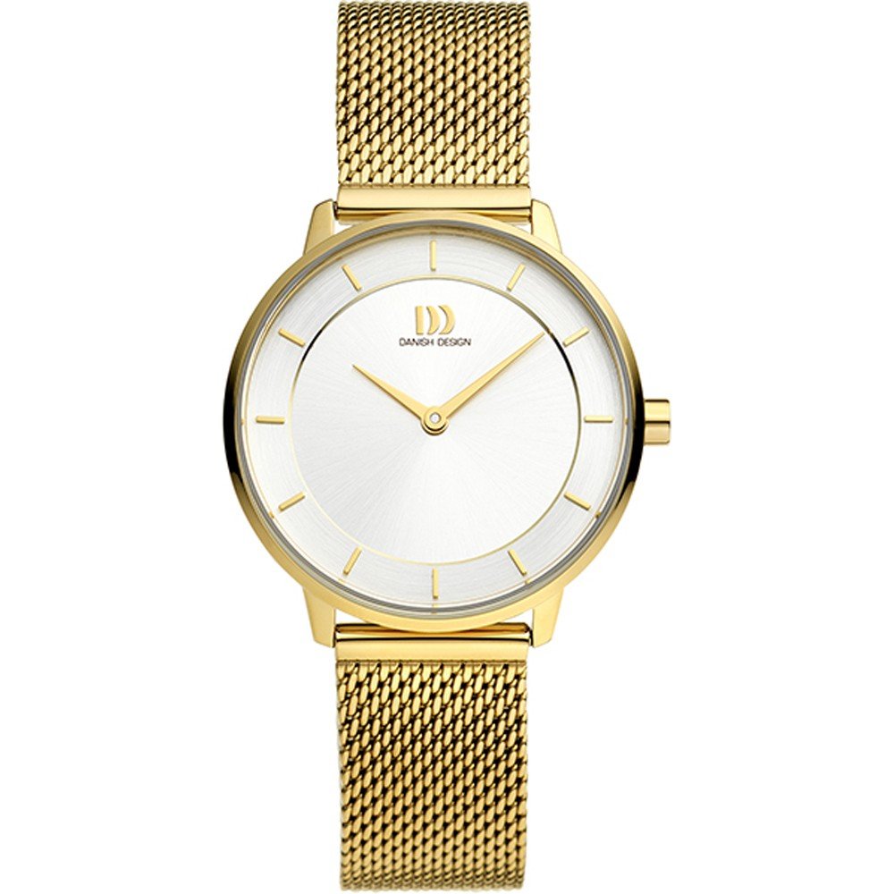 Orologio con cassa dorata, quadrante bianco e cinturino in maglia rolò dorata.