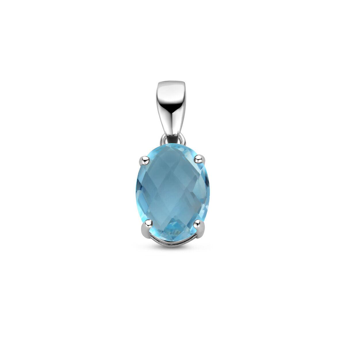 Ciondolo in argento rodiato con topazio blu ovale e taglio a brillante.