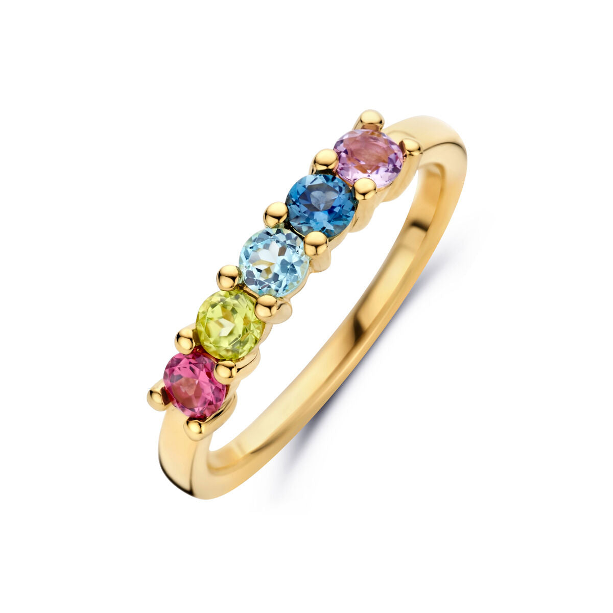 Anello in oro giallo 14K con cinque pietre colorate di diverse tonalità.