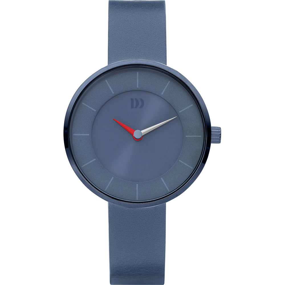 Orologio con cassa blu e quadrante grigio, cinturino in silicone blu e lancetta rossa.