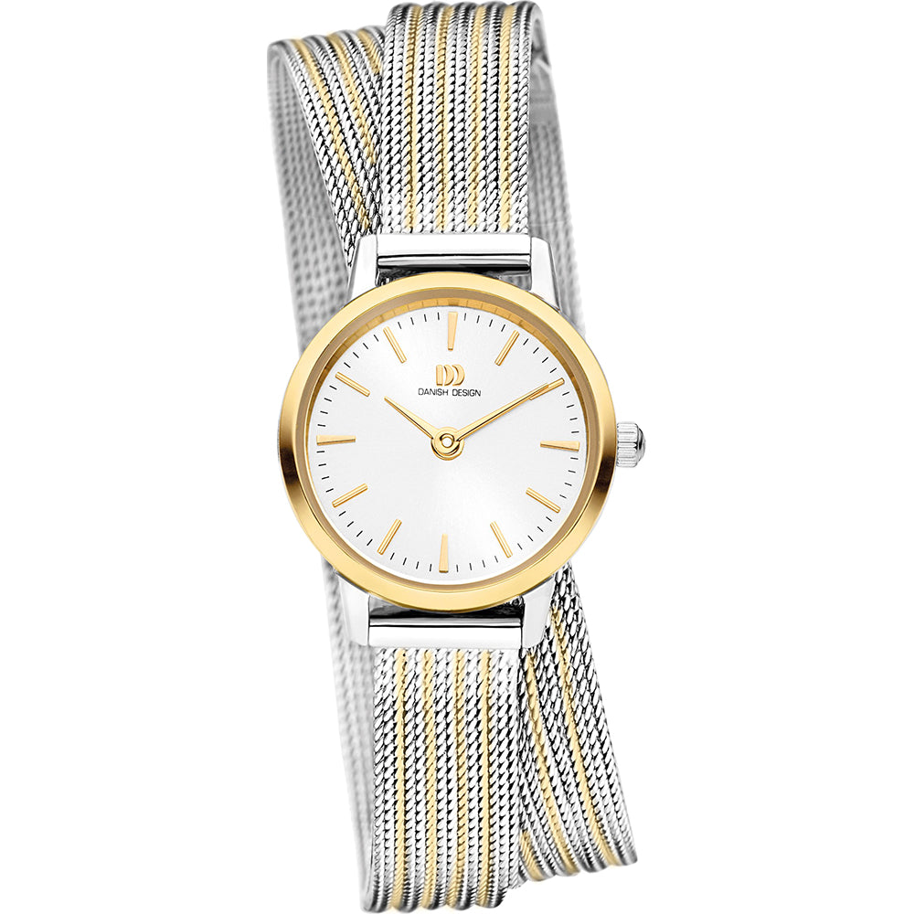 Orologio con cassa dorata e quadrante bianco, cinturino in maglia rolò argentata e dorata.