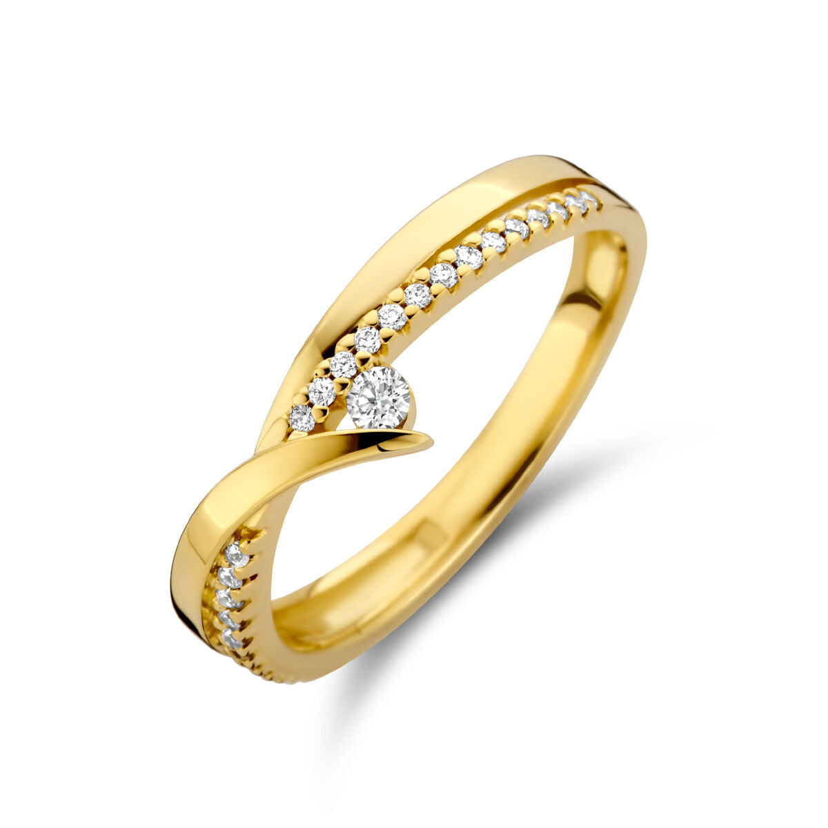 Anello in oro giallo 14K con diamante centrale da 0,13 ct e pavé di diamanti.